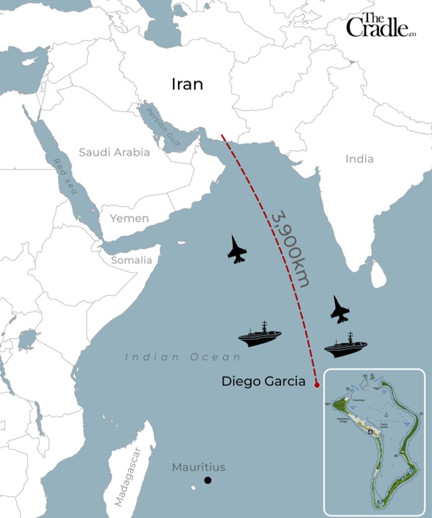 Map showing Iran to Diego Garcia military base location in Indian Ocean