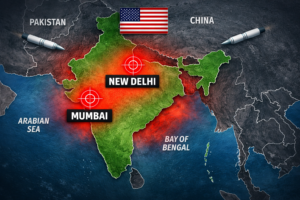 "Map of India highlighting Delhi and Mumbai in context of former Pakistan envoy Abdul Basit's statement on potential targets if US attacks Pakistan."