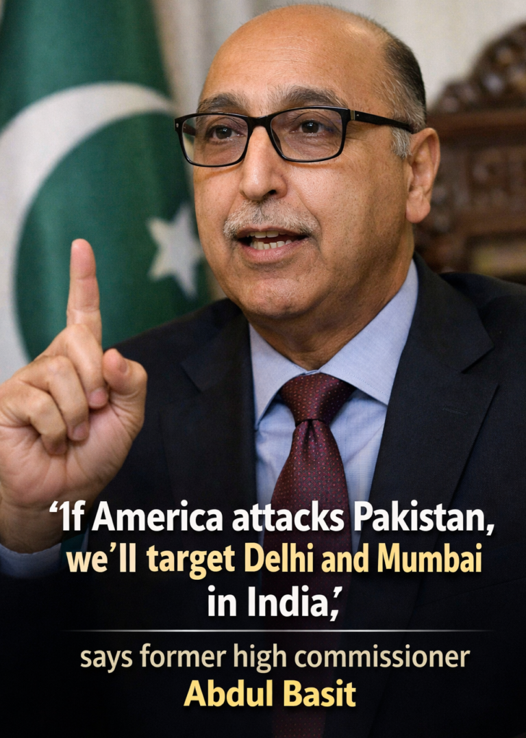 "Map of India highlighting Delhi and Mumbai in context of former Pakistan envoy Abdul Basit's statement on potential targets if US attacks Pakistan."