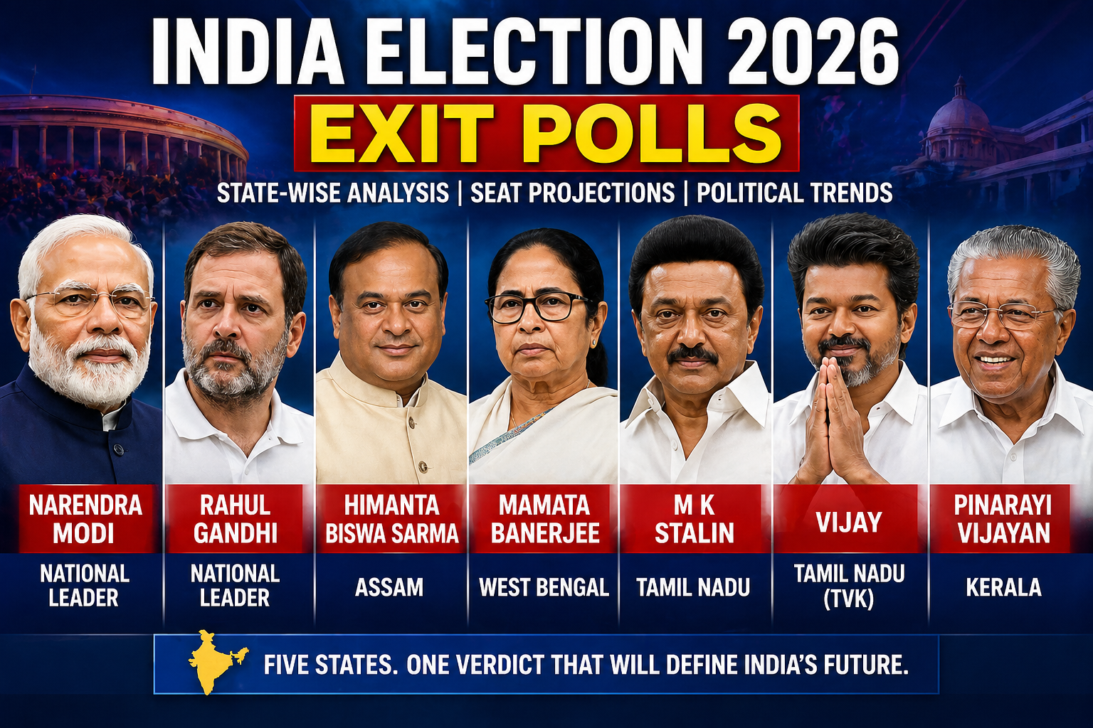 India Election 2026 Exit Polls: BJP Surge, DMK Holds Tamil Nadu, UDF Comeback in Kerala