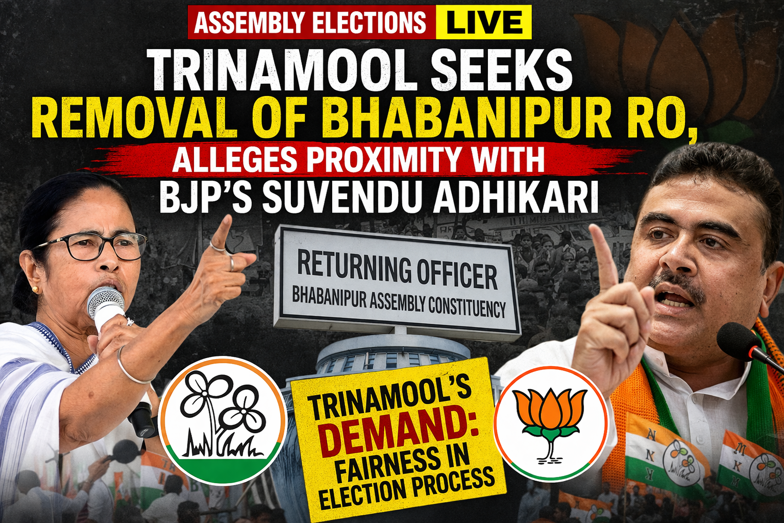 Assembly Elections LIVE: Trinamool seeks removal of Bhabanipur RO, alleges proximity with BJP's Suvendu Adhikari Assembly Elections LIVE: Trinamool seeks removal of Bhabanipur RO, alleges proximity with BJP’s Suvendu Adhikari
